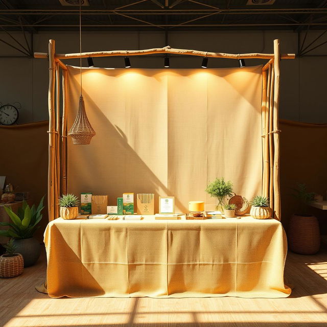 A cozy and eco-friendly large bazaar setup for a herbal cigarettes brand called rubus, featuring an area left blank for the brand name to be added later