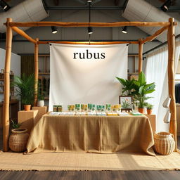 A cozy and eco-friendly large bazaar setup for a herbal cigarettes brand called rubus, featuring an area left blank for the brand name to be added later