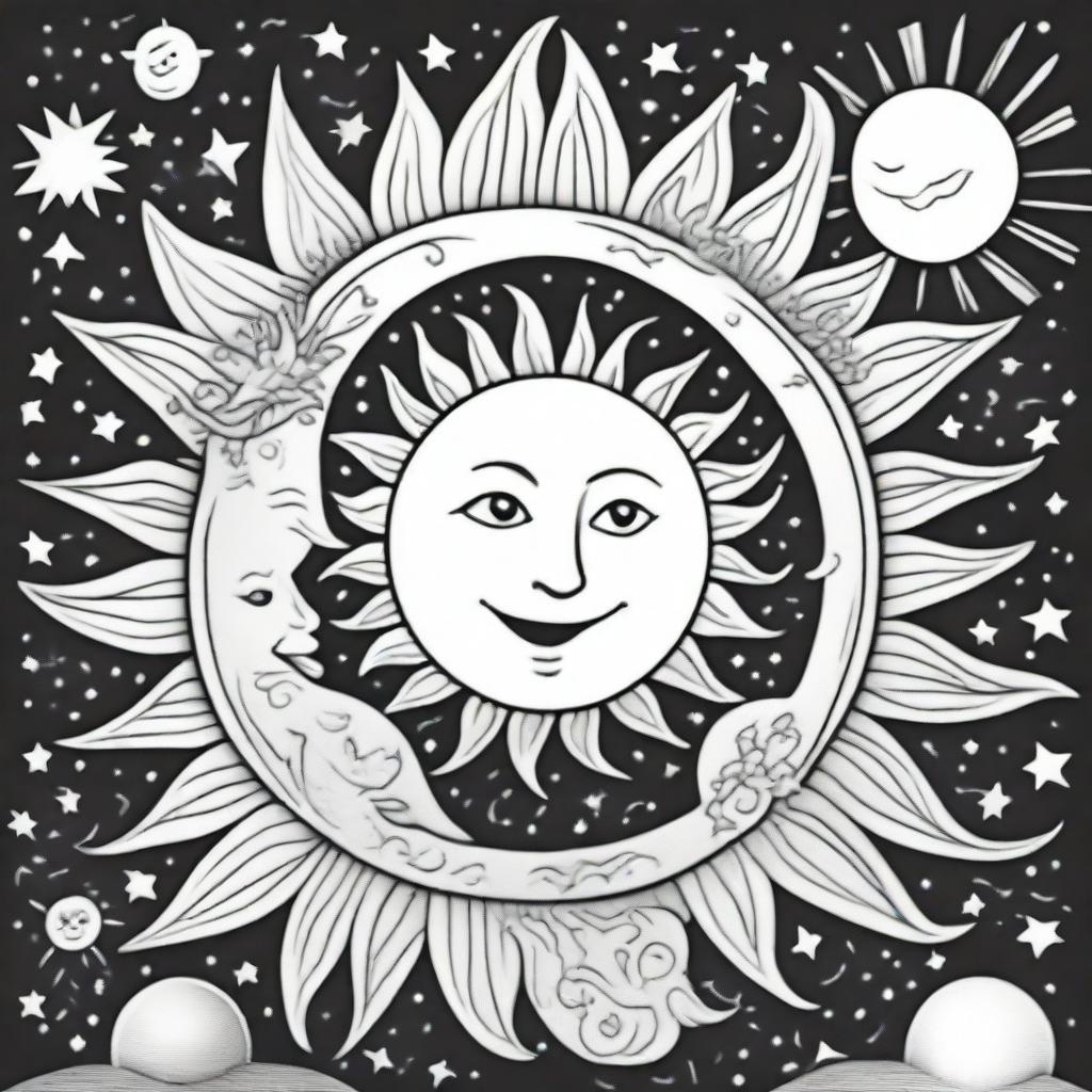 A coloring book page adorned with a celestial scene of a sun and moon, crafted with clean, crisp lines