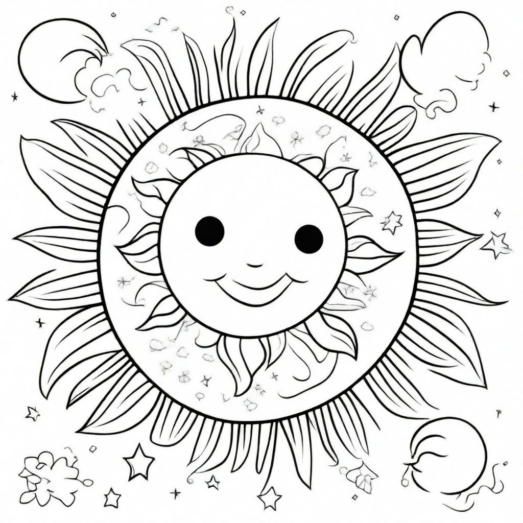 A coloring book page adorned with a celestial scene of a sun and moon, crafted with clean, crisp lines