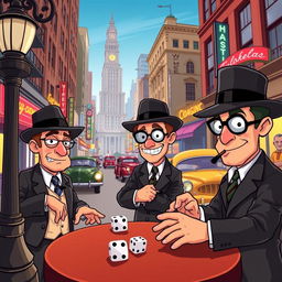 A colorful and vibrant cartoon scene depicting a group of gangsters in a lively urban setting