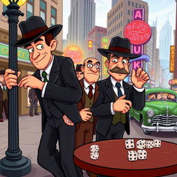 A colorful and vibrant cartoon scene depicting a group of gangsters in a lively urban setting