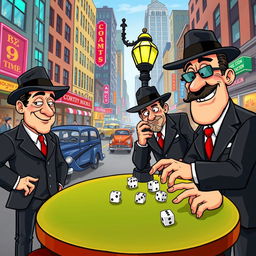 A colorful and vibrant cartoon scene depicting a group of gangsters in a lively urban setting