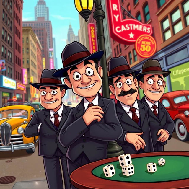 A colorful and vibrant cartoon scene depicting a group of gangsters in a lively urban setting