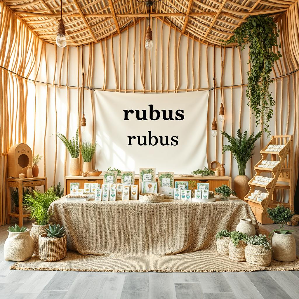 A cozy and eco-friendly large bazaar setup for a herbal cigarettes brand called rubus, with a designated blank space left for the brand name to be added