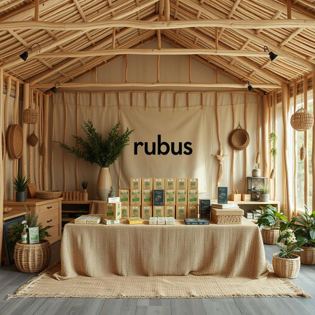 A cozy and eco-friendly large bazaar setup for a herbal cigarettes brand called rubus, with a designated blank space left for the brand name to be added