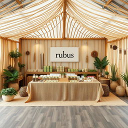 A cozy and eco-friendly large bazaar setup for a herbal cigarettes brand called rubus, with a designated blank space left for the brand name to be added