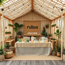 A cozy and eco-friendly large bazaar setup for a herbal cigarettes brand called rubus, with a designated blank space left for the brand name to be added