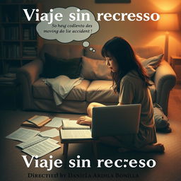A movie poster depicting an 18-year-old girl sitting on the floor of her living room, working intently on her laptop placed on a small table in front of her