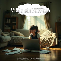 A movie poster depicting an 18-year-old girl sitting on the floor of her living room, working intently on her laptop placed on a small table in front of her