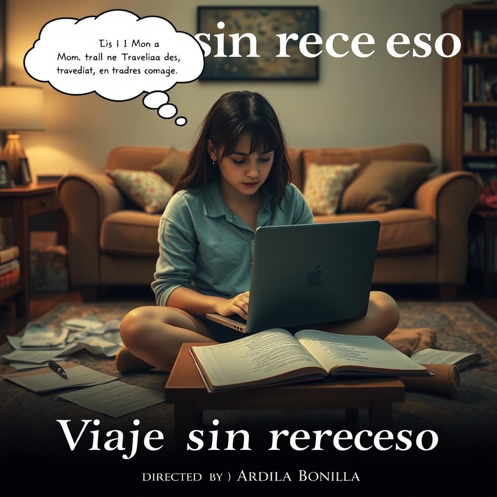 A movie poster depicting an 18-year-old girl sitting on the floor of her living room, working intently on her laptop placed on a small table in front of her