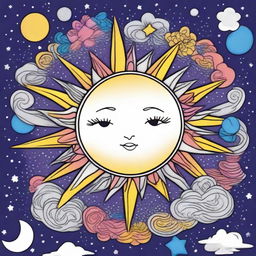 A colorful celestial coloring book page capturing the artistic style of the 1990's, featuring a vibrant sun and whimsical moon, surrounded by decorative stars and cosmic elements