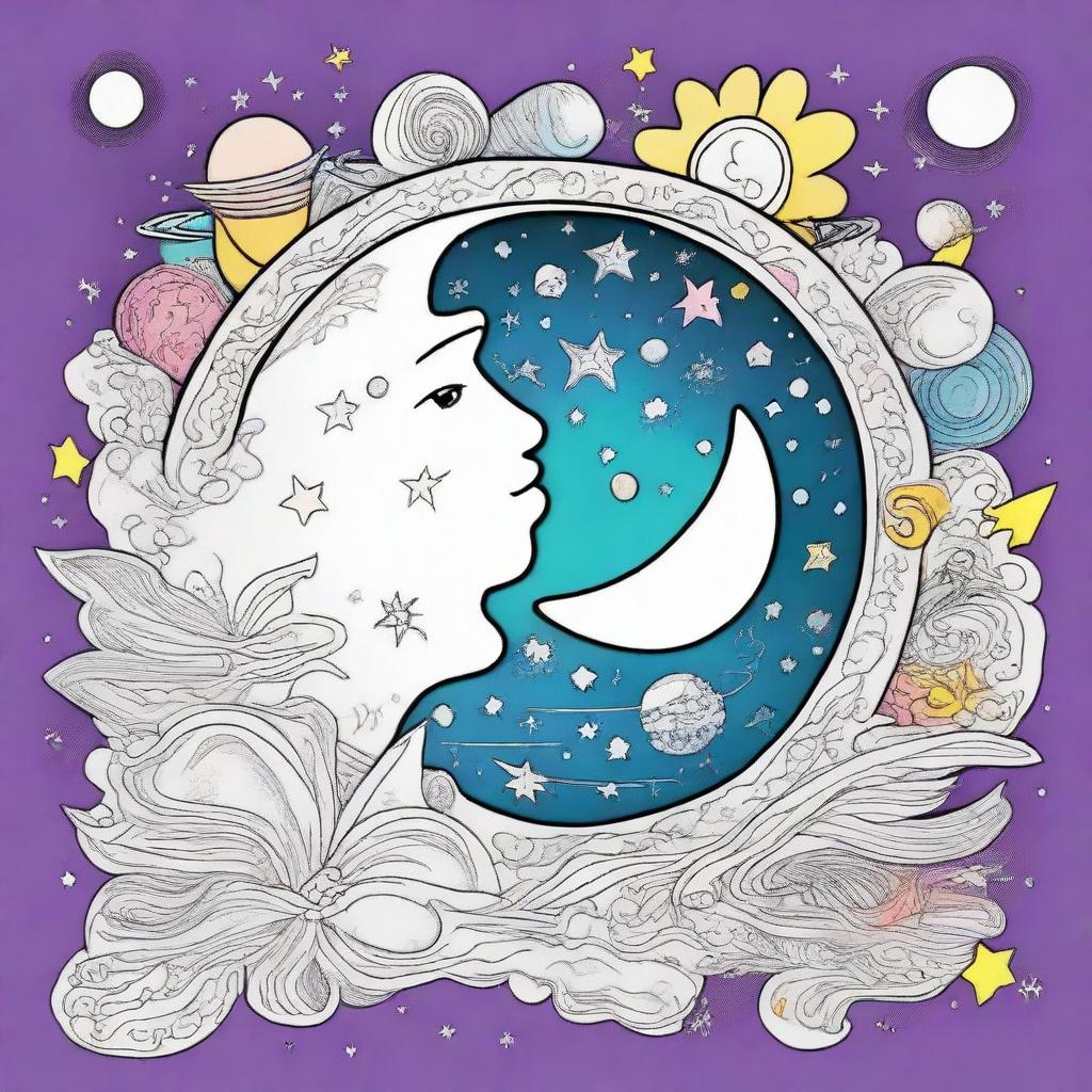 A colorful celestial coloring book page capturing the artistic style of the 1990's, featuring a vibrant sun and whimsical moon, surrounded by decorative stars and cosmic elements