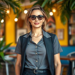 A stylish portrait of a woman over 30 years old, dressed in fully closed, fashionable clothing that reflects her femininity and confidence