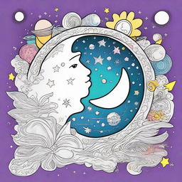 A colorful celestial coloring book page capturing the artistic style of the 1990's, featuring a vibrant sun and whimsical moon, surrounded by decorative stars and cosmic elements