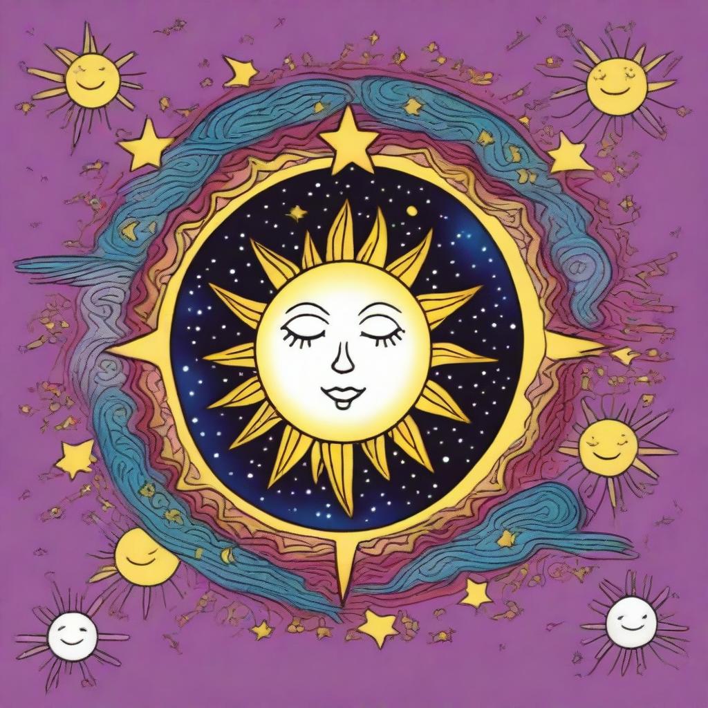 A colorful celestial coloring book page capturing the artistic style of the 1990's, featuring a vibrant sun and whimsical moon, surrounded by decorative stars and cosmic elements