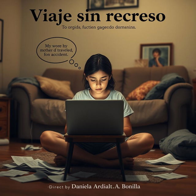 An 18-year-old girl sitting on the floor of her living room, focused on her laptop which is resting on a small table in front of her