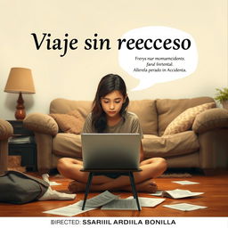 An 18-year-old girl sitting on the floor of her living room, focused on her laptop which is resting on a small table in front of her