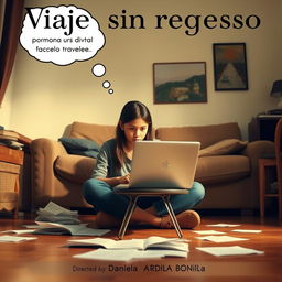 An 18-year-old girl sitting on the floor of her living room, focused on her laptop which is resting on a small table in front of her