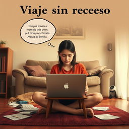 An 18-year-old girl sitting on the floor of her living room, focused on her laptop which is resting on a small table in front of her
