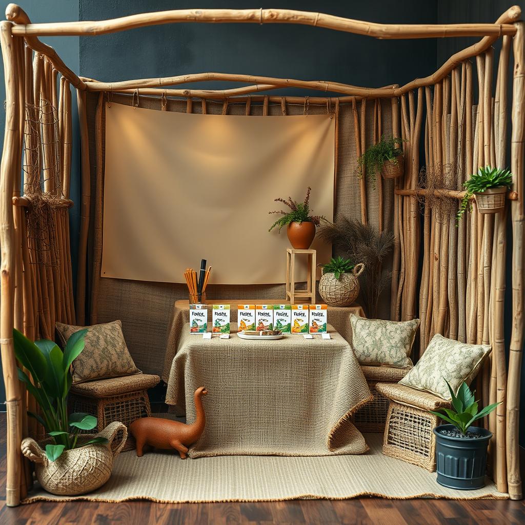 A cozy and eco-friendly small bazaar setup for a herbal cigarettes brand called rubus, featuring a designated blank space where the brand name can be added later