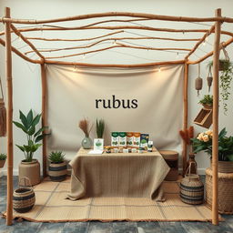 A cozy and eco-friendly small bazaar setup for a herbal cigarettes brand called rubus, featuring a designated blank space where the brand name can be added later