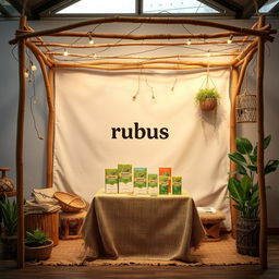 A cozy and eco-friendly small bazaar setup for a herbal cigarettes brand called rubus, featuring a designated blank space where the brand name can be added later