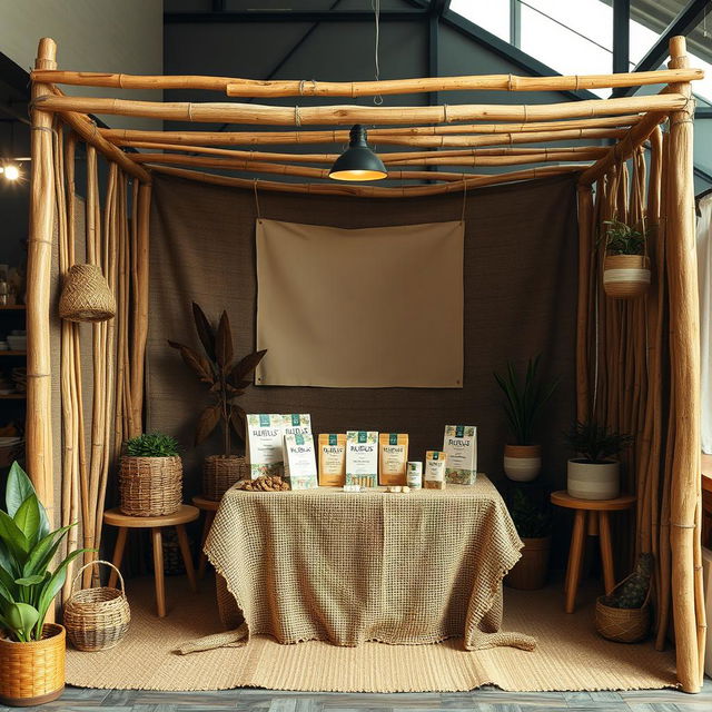 A cozy and eco-friendly small bazaar setup for a herbal cigarettes brand called rubus, featuring a designated blank space where the brand name can be added later