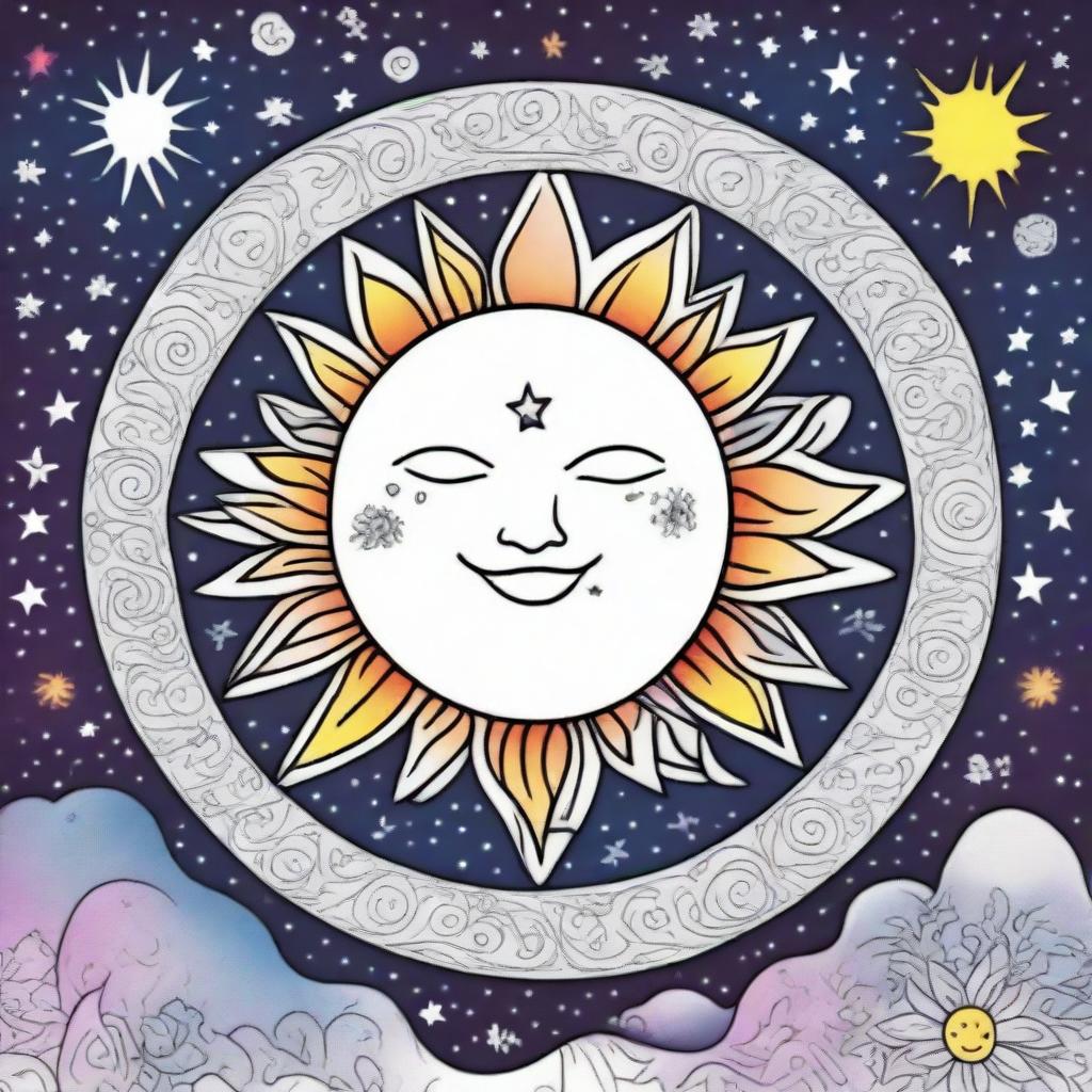 A colorful celestial coloring book page capturing the artistic style of the 1990's, featuring a vibrant sun and whimsical moon, surrounded by decorative stars and cosmic elements