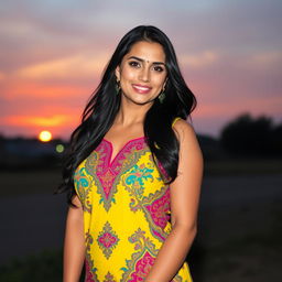 A beautiful Iraqi woman with traditional features, wearing a colorful, stylish dress that highlights her curves