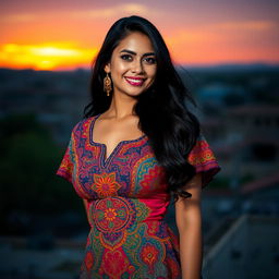 A beautiful Iraqi woman with traditional features, wearing a colorful, stylish dress that highlights her curves