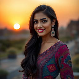A beautiful Iraqi woman with traditional features, wearing a colorful, stylish dress that highlights her curves