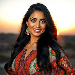 A beautiful Iraqi woman with traditional features, wearing a colorful, stylish dress that highlights her curves