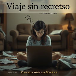 A poignant scene featuring an 18-year-old girl sitting on the floor of her living room, deeply focused on her laptop