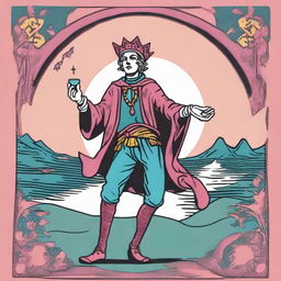 An image capturing The Fool Tarot card from the Rider-Waite deck, distinctively recolored in shades of pink, teal, and blue