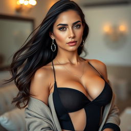 A stunning Iranian woman with an alluring presence, featuring long, flowing dark hair and captivating brown eyes