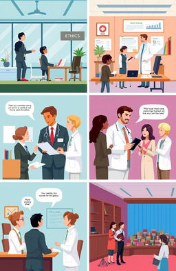 A visually engaging illustration of professional ethics in various scenarios, depicting a diverse group of professionals (engineers, doctors, lawyers, and teachers) engaging in ethical discussions and making moral choices