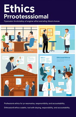 A visually engaging illustration of professional ethics in various scenarios, depicting a diverse group of professionals (engineers, doctors, lawyers, and teachers) engaging in ethical discussions and making moral choices