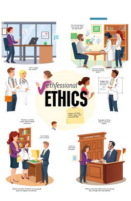 A visually engaging illustration of professional ethics in various scenarios, depicting a diverse group of professionals (engineers, doctors, lawyers, and teachers) engaging in ethical discussions and making moral choices