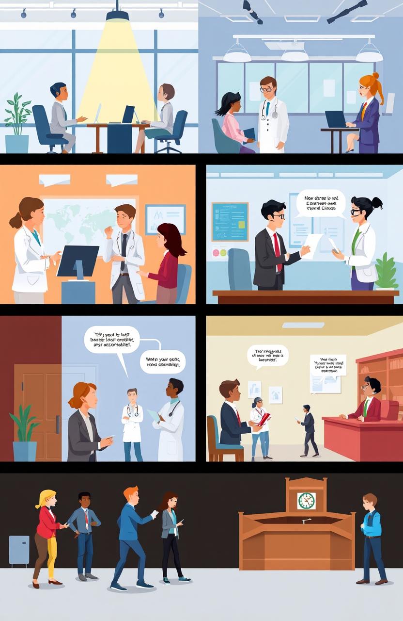 A visually engaging illustration of professional ethics in various scenarios, depicting a diverse group of professionals (engineers, doctors, lawyers, and teachers) engaging in ethical discussions and making moral choices