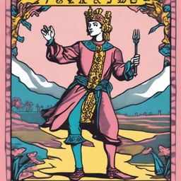 An image capturing The Fool Tarot card from the Rider-Waite deck, distinctively recolored in shades of pink, teal, and blue