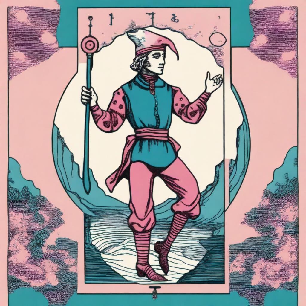 An image capturing The Fool Tarot card from the Rider-Waite deck, distinctively recolored in shades of pink, teal, and blue