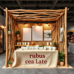 A cozy and eco-friendly medium bazaar stand setup for a herbal cigarettes brand called rubus, which includes a designated blank space to place the brand name later