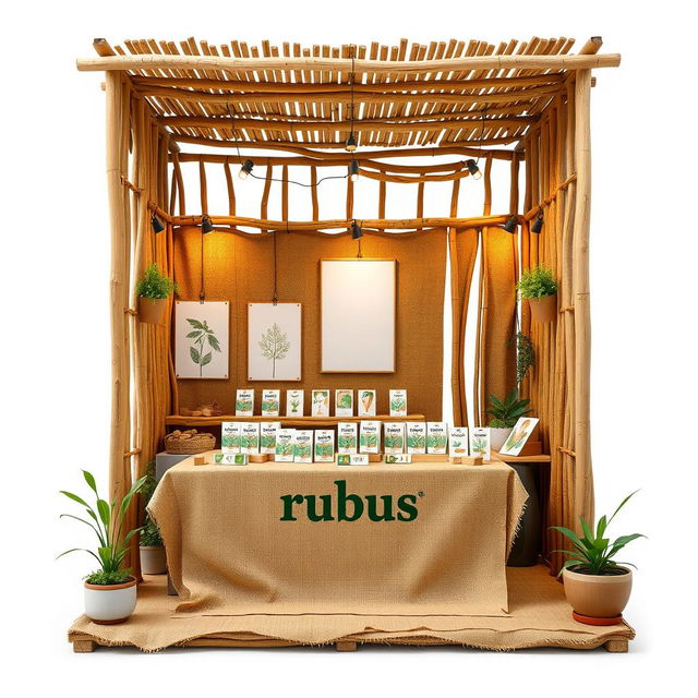 A cozy and eco-friendly medium bazaar stand setup for a herbal cigarettes brand called rubus, which includes a designated blank space to place the brand name later