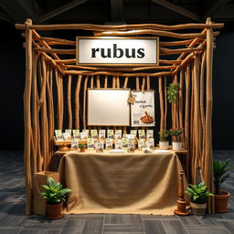A cozy and eco-friendly medium bazaar stand setup for a herbal cigarettes brand called rubus, which includes a designated blank space to place the brand name later