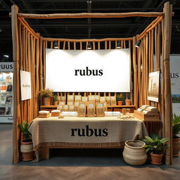A cozy and eco-friendly medium bazaar stand setup for a herbal cigarettes brand called rubus, which includes a designated blank space to place the brand name later