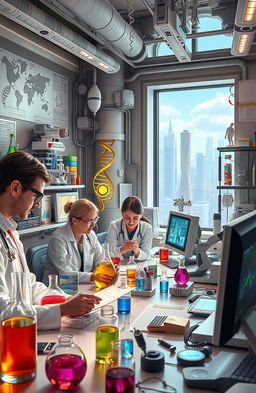 An intricate and detailed scientific laboratory, filled with advanced equipment and gadgets