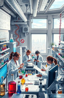 An intricate and detailed scientific laboratory, filled with advanced equipment and gadgets