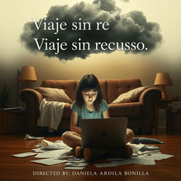 A movie poster featuring an 18-year-old girl sitting on the floor of her living room, deeply engaged in her work on a laptop surrounded by scattered papers