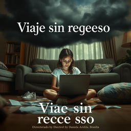 A movie poster featuring an 18-year-old girl sitting on the floor of her living room, deeply engaged in her work on a laptop surrounded by scattered papers